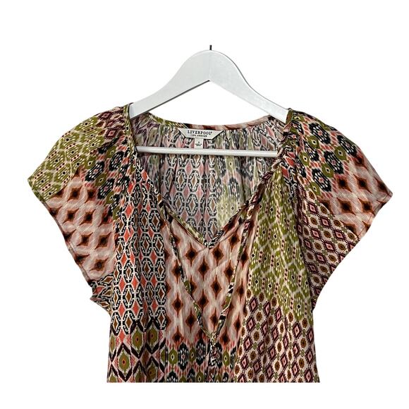 LIVERPOOL TOP WOMENS SMALL PETAL SLEEVE WOVEN GEO PRINT PINK GREEN BLOUSE NEW - Picture 4 of 11
